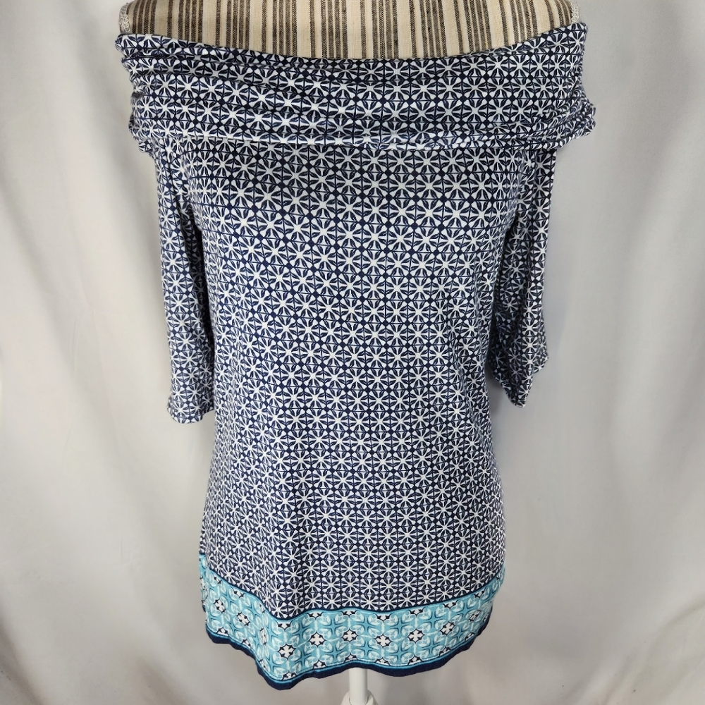 Max Studio NWOT Blue White Turquoise 3/4 Sleeve Off Shoulder Top Size Large